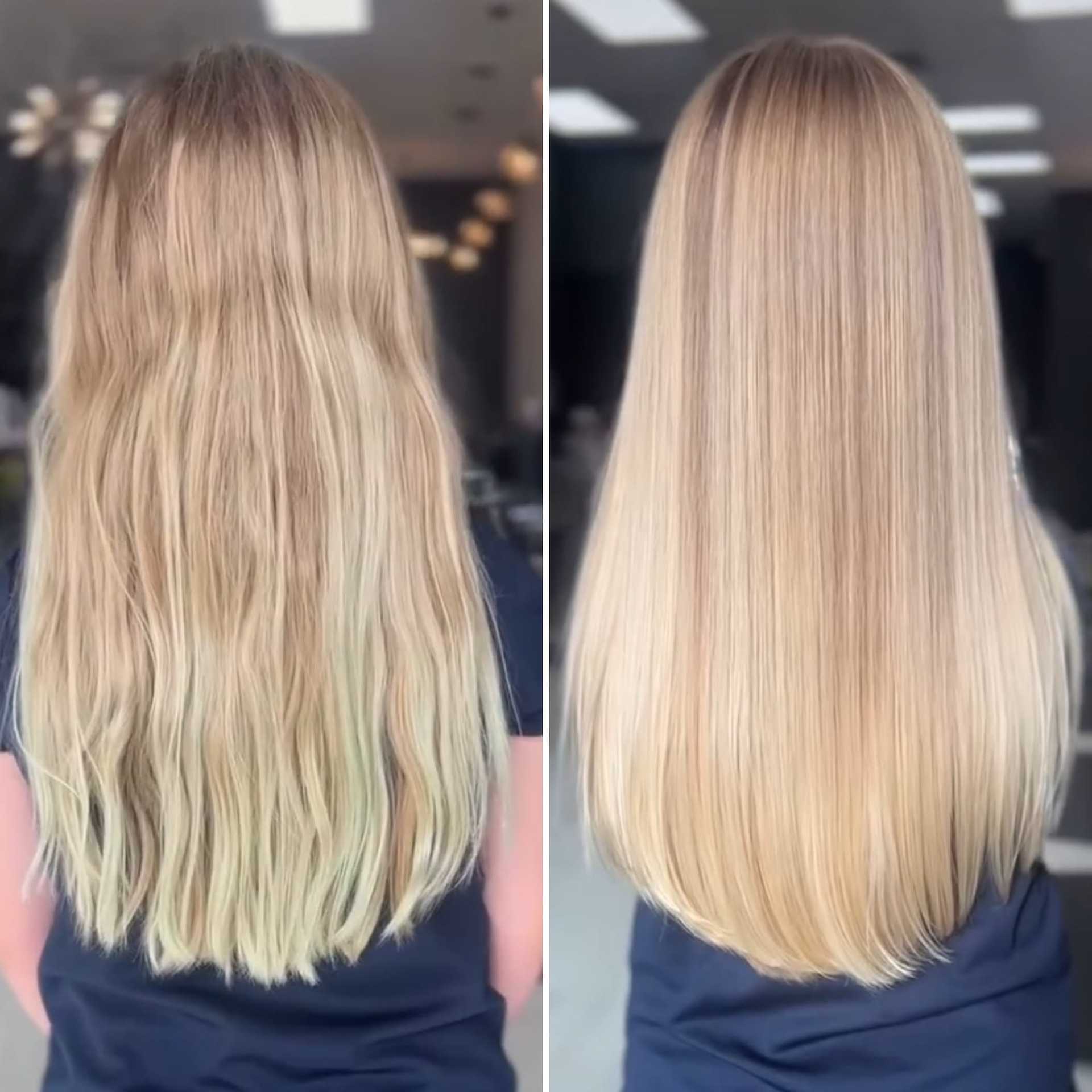 Before and after hair transformation showcasing straightened, healthy blonde hair.